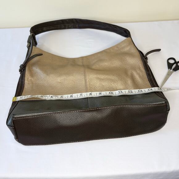 Tignanello Pebble Leather Shoulder Bag | Brown, Silver & Gold Color Block | EUC - Picture 11 of 13